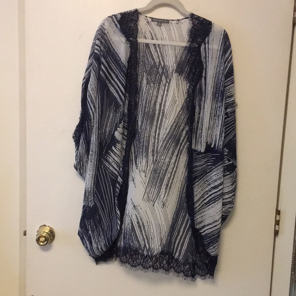 Navy & White Kimono with Lace Trim